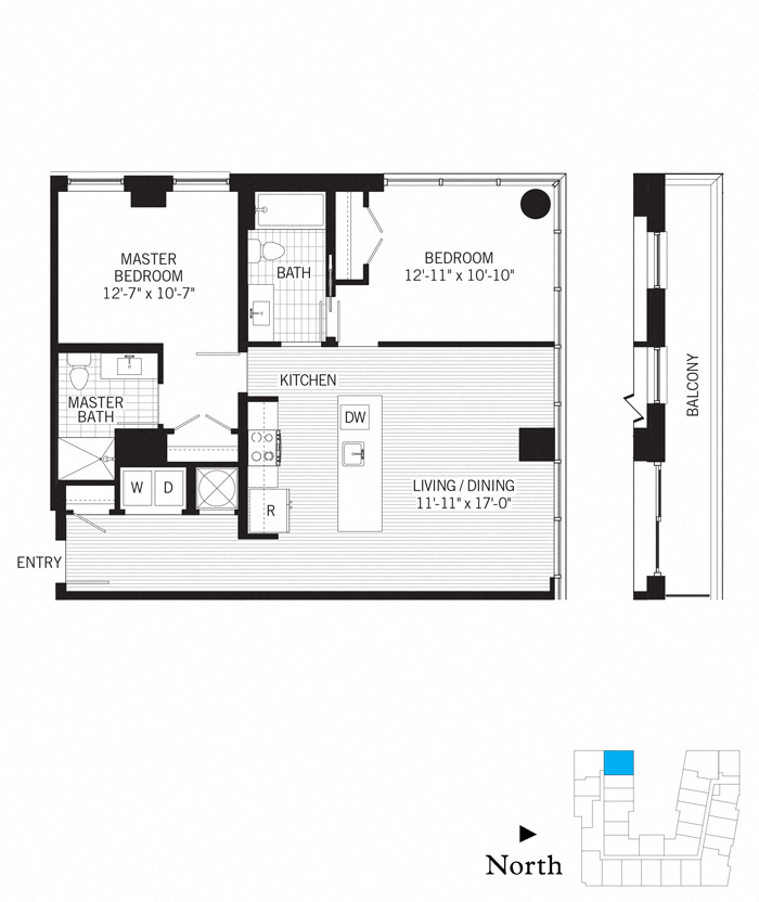Floor plan for 2 beds, 2 baths, 1041 sqft