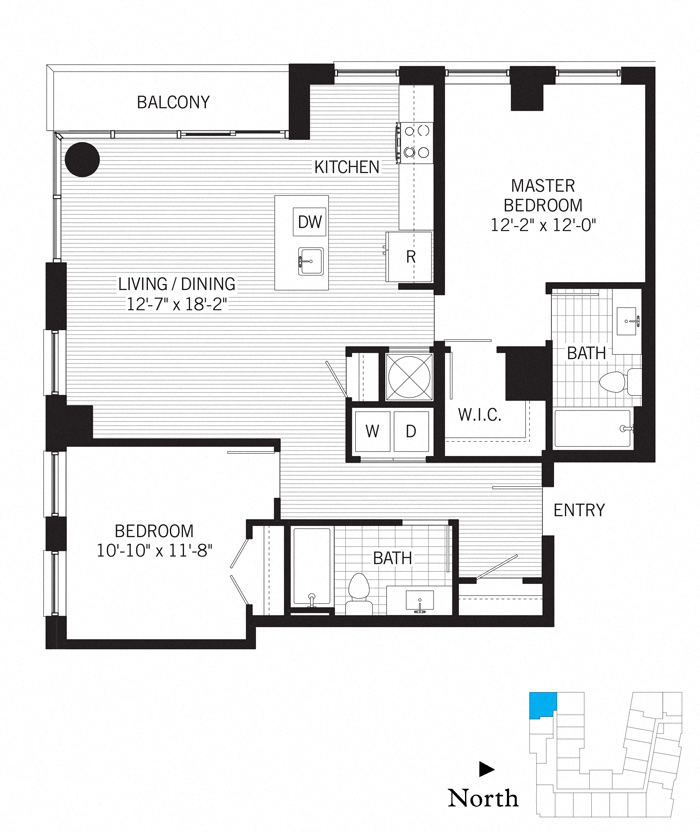 Floor plan for 2 beds, 2 baths, 1124 sqft
