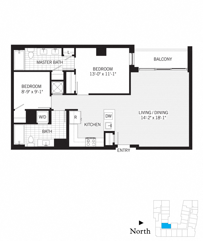 Floor plan for 2 beds, 2 baths, 998 sqft