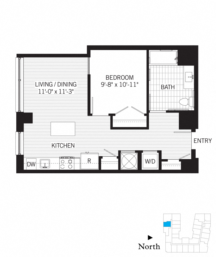 Floor plan for 1 bed, 1 bath, 627 sqft