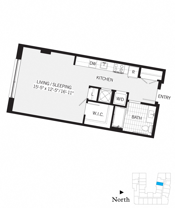Floor plan for studio, 1 bath, 560 sqft