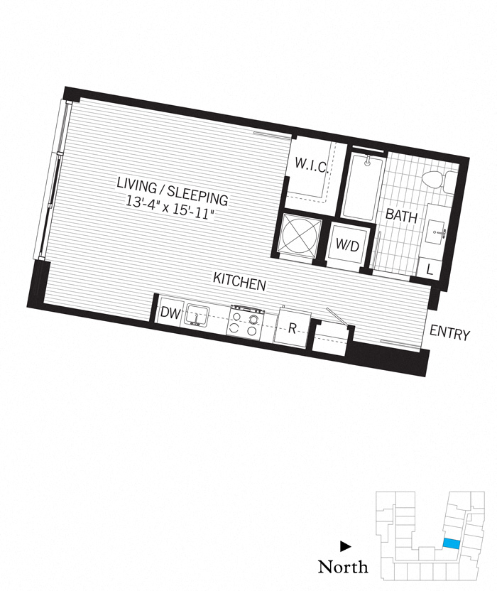 Floor plan for studio, 1 bath, 477 sqft