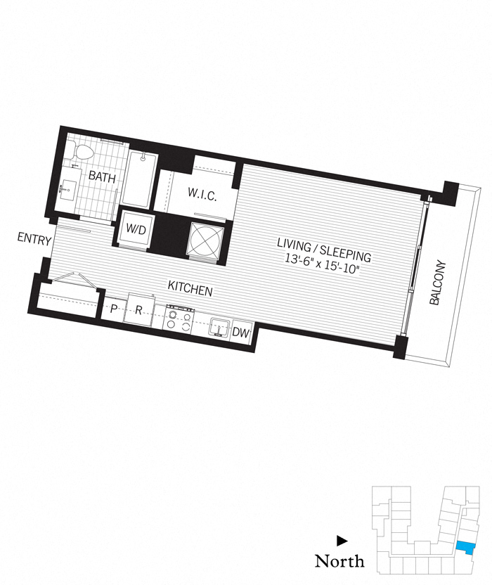 Floor plan for studio, 1 bath, 502 sqft