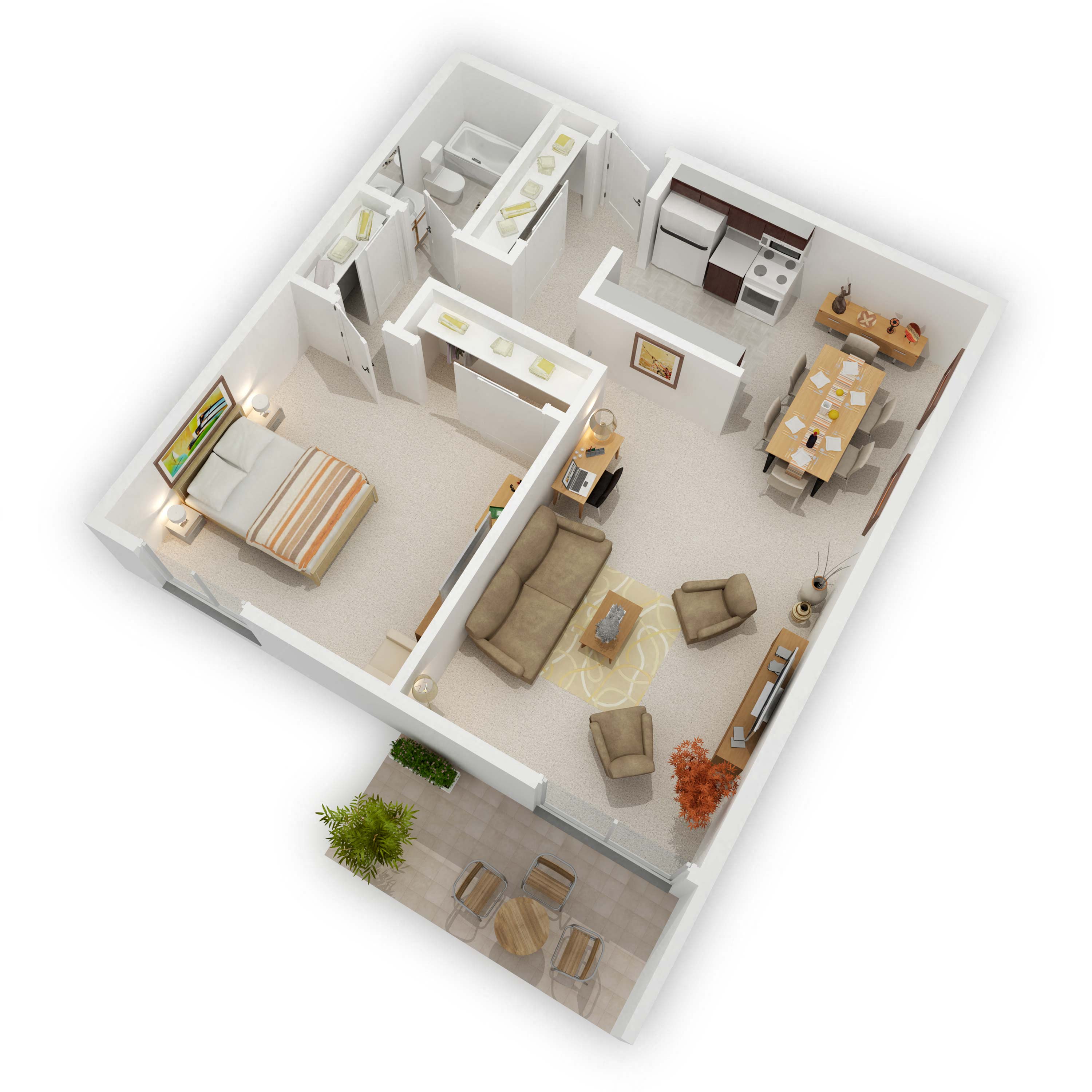 Floor plan for 1 bed, 1 bath, 743 sqft