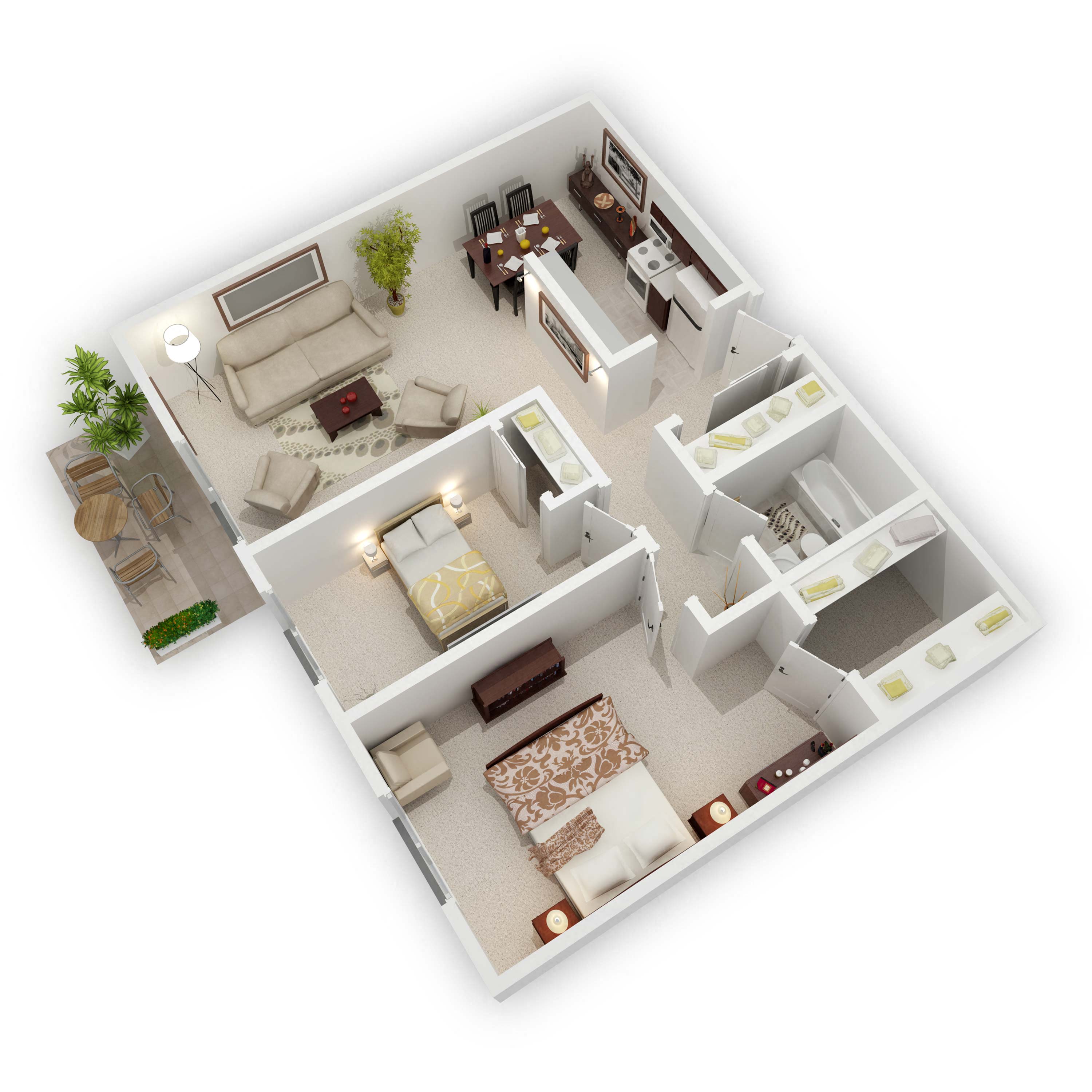 Floor plan for 2 beds, 1 bath, 950 sqft