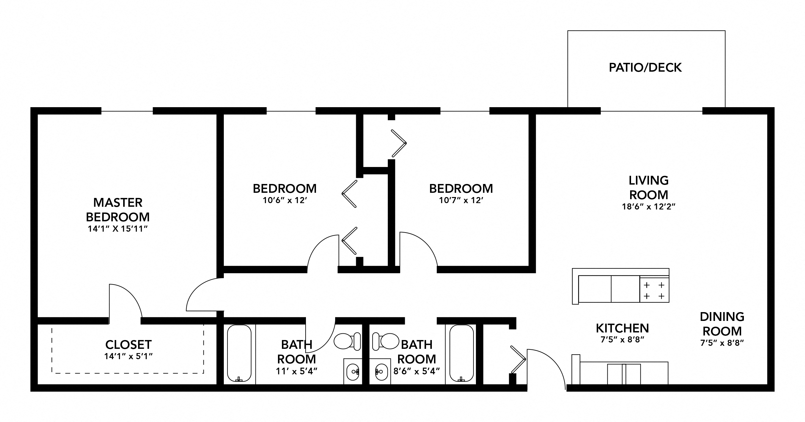 Floor plan for 3 beds, 2 baths, 1309 sqft