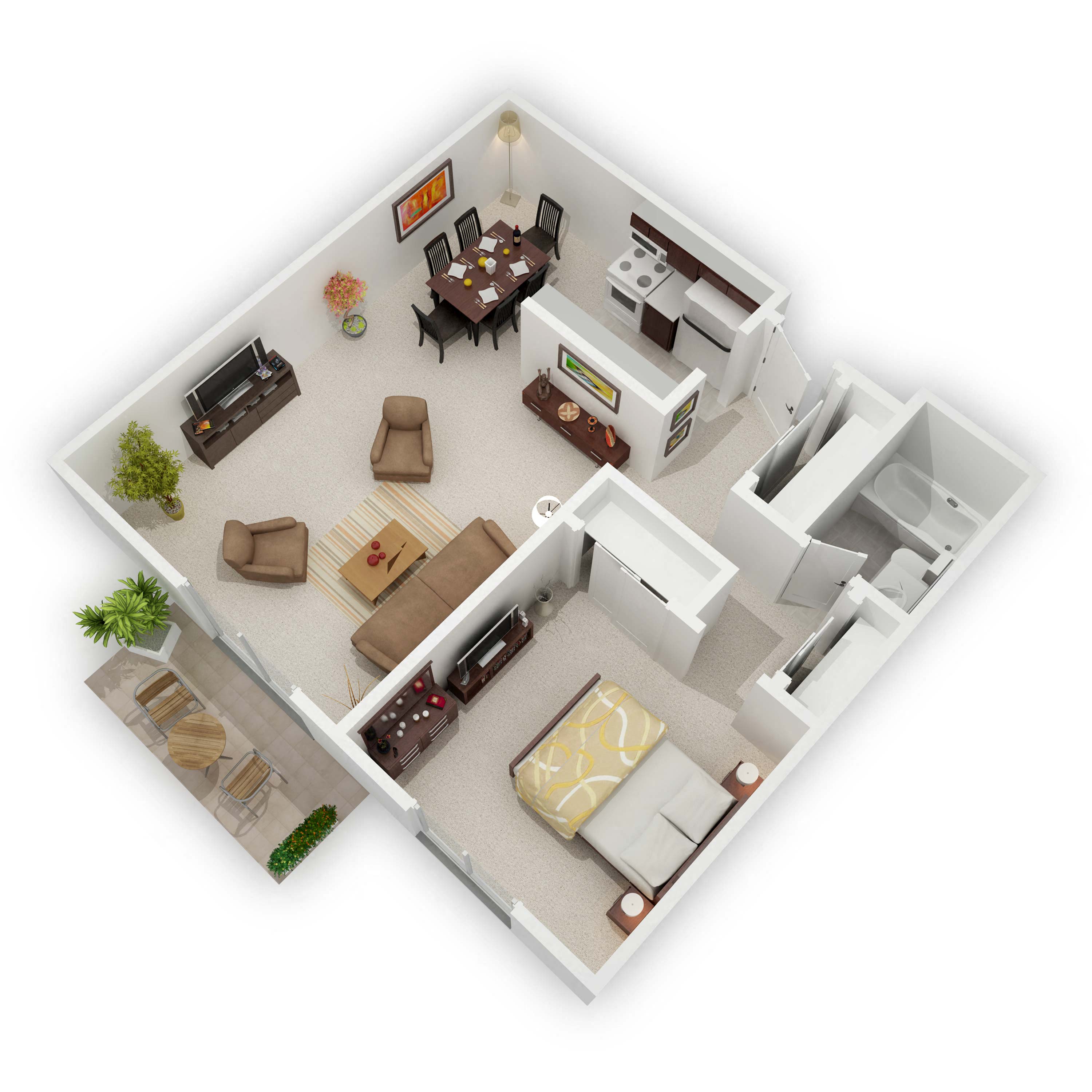 Floor plan for 1 bed, 1 bath, 676 sqft