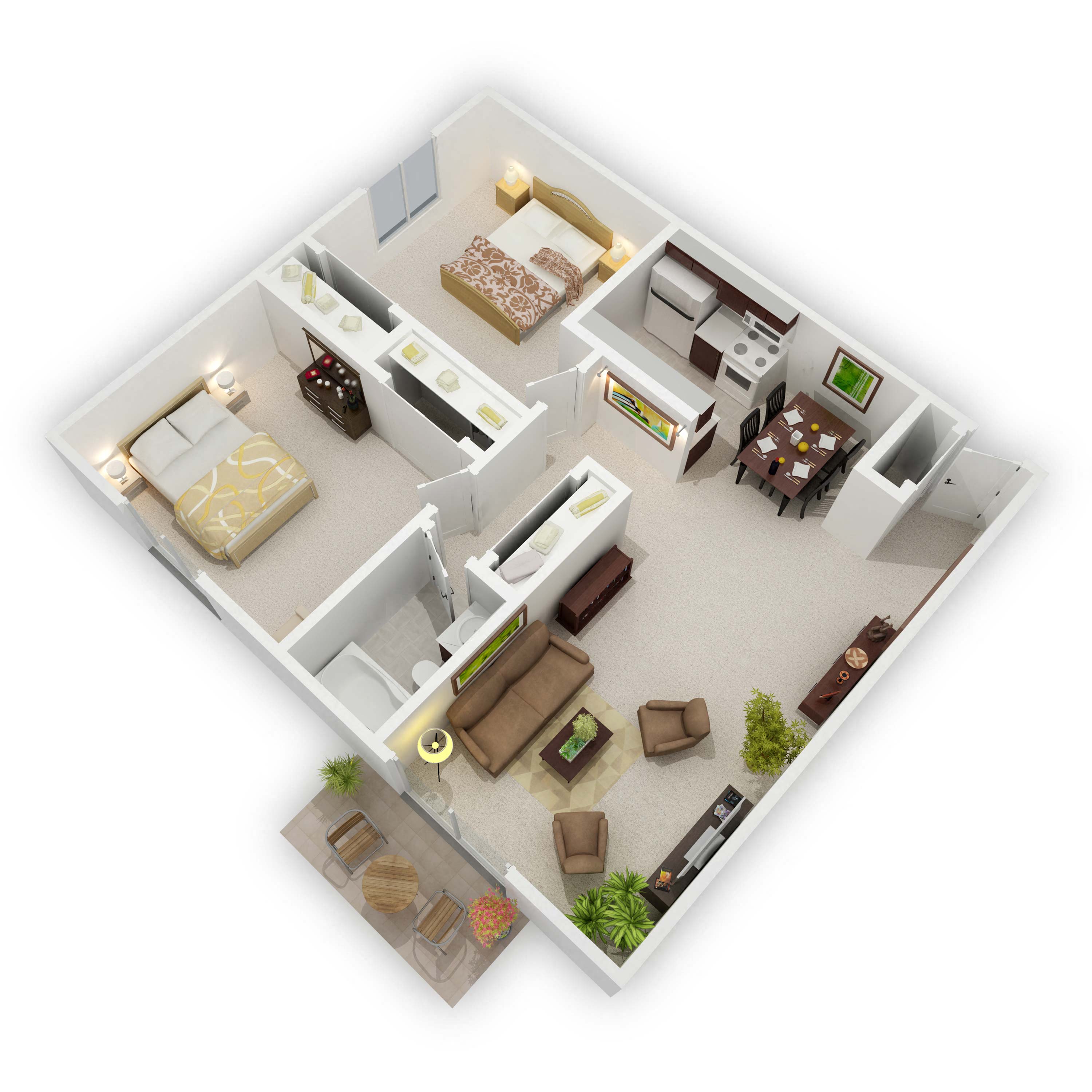 Floor plan for 2 beds, 1 bath, 864 sqft