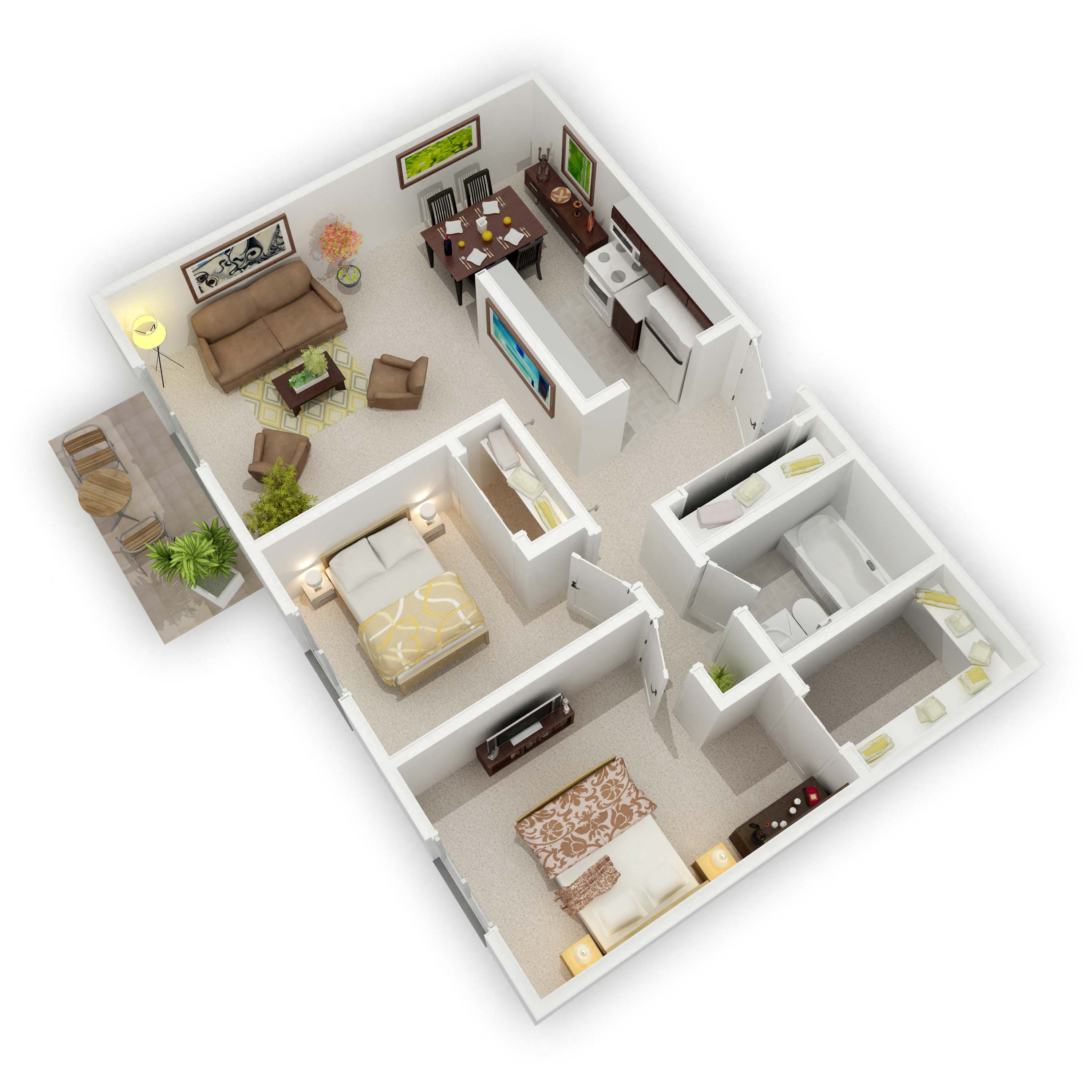Floor plan for 2 beds, 1 bath, 884 sqft