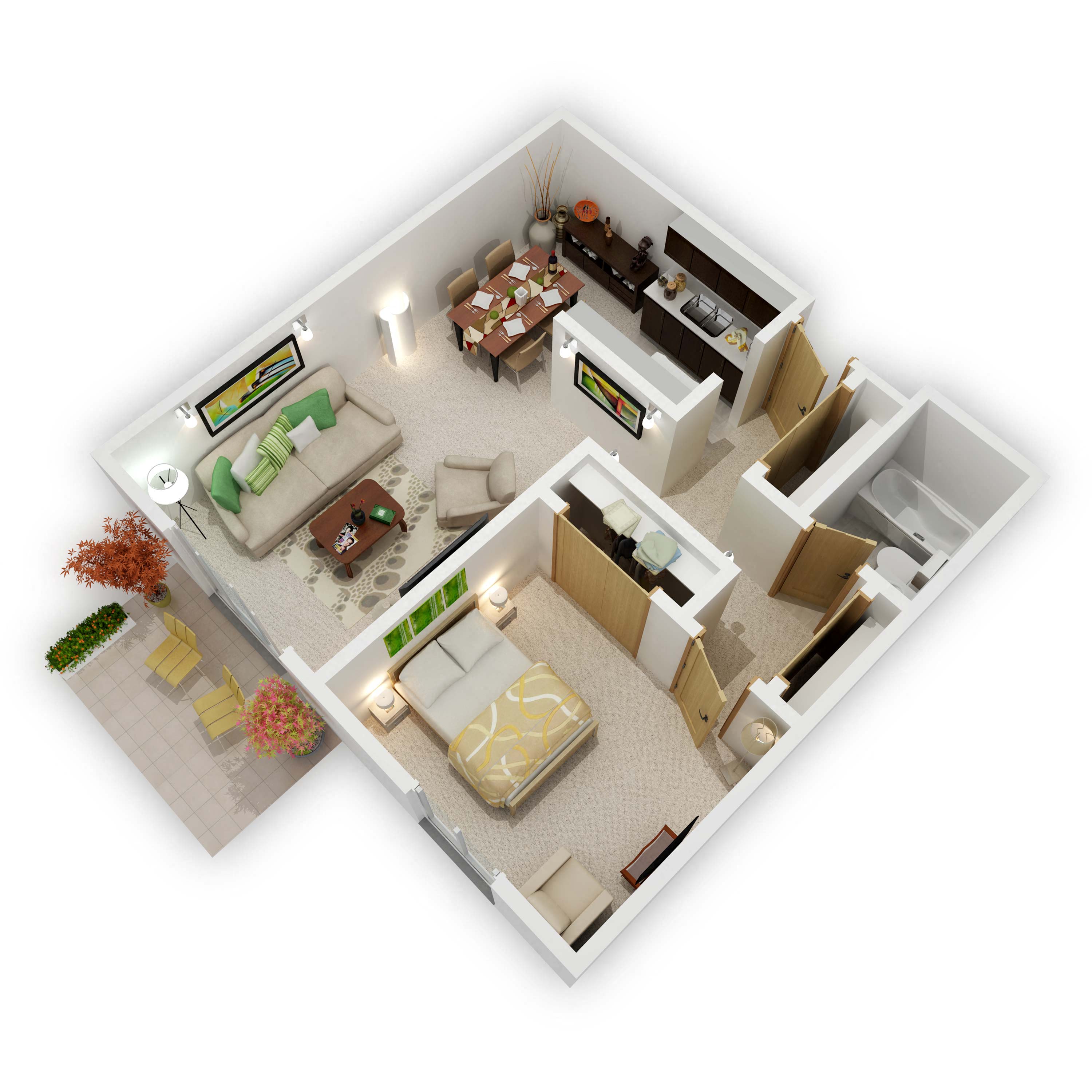 Floor plan for 1 bed, 1 bath, 734 sqft