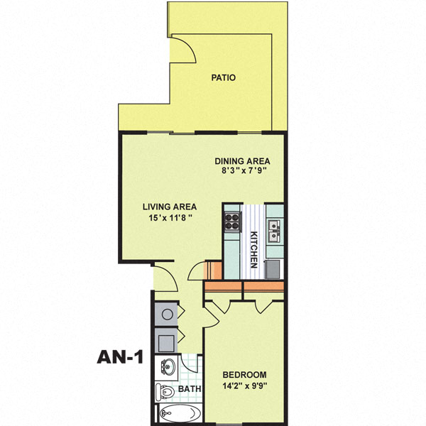 Floor plan for 1 bed, 1 bath, 650 sqft