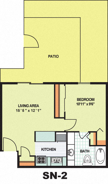 Floor plan for 1 bed, 1 bath, 480 sqft