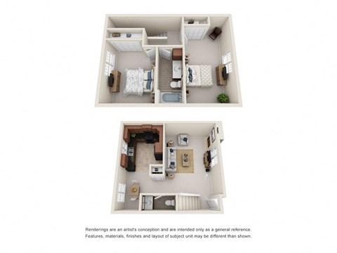 Floor plan for 2 beds, 2 baths, 1050 sqft