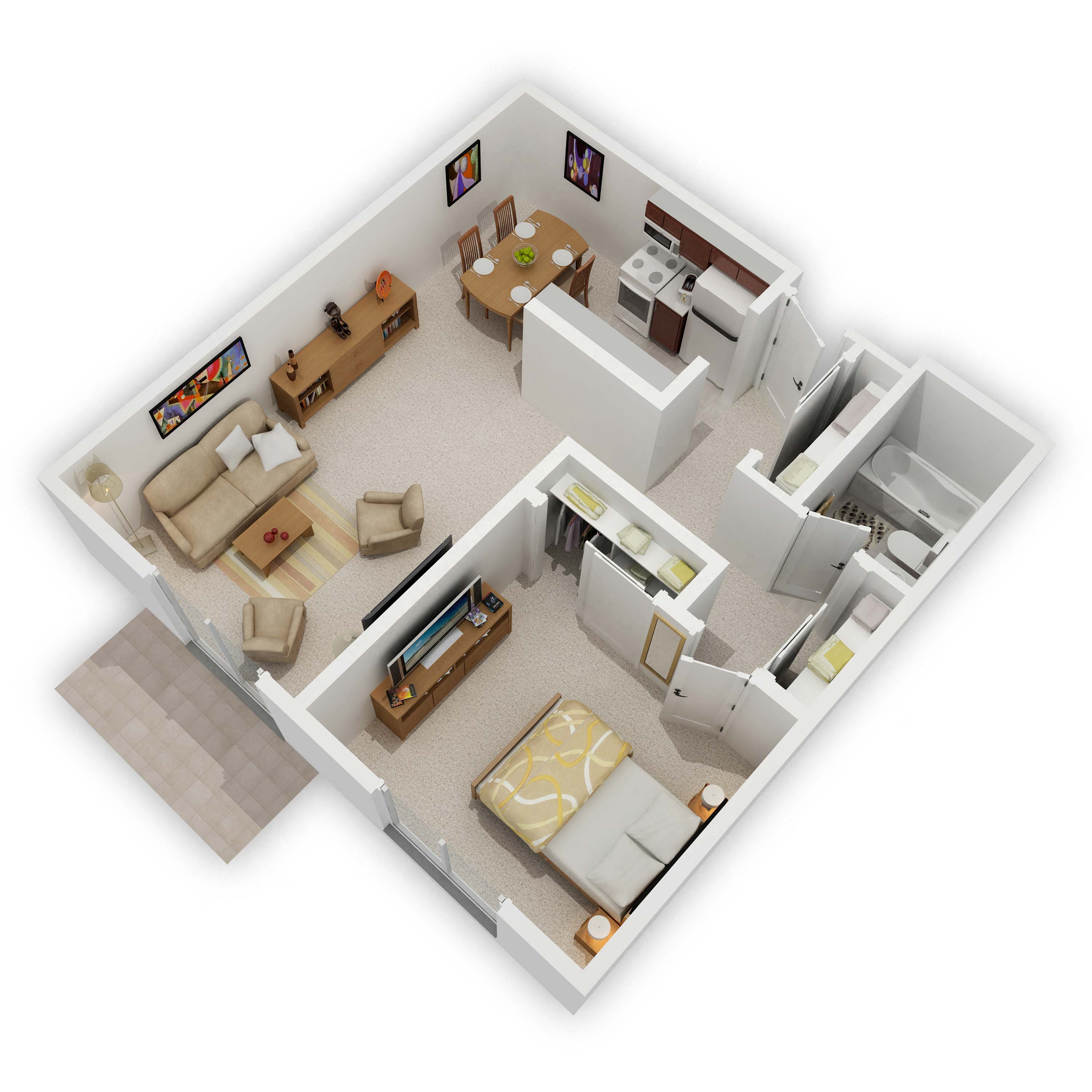 Floor plan for 1 bed, 1 bath, 734 sqft