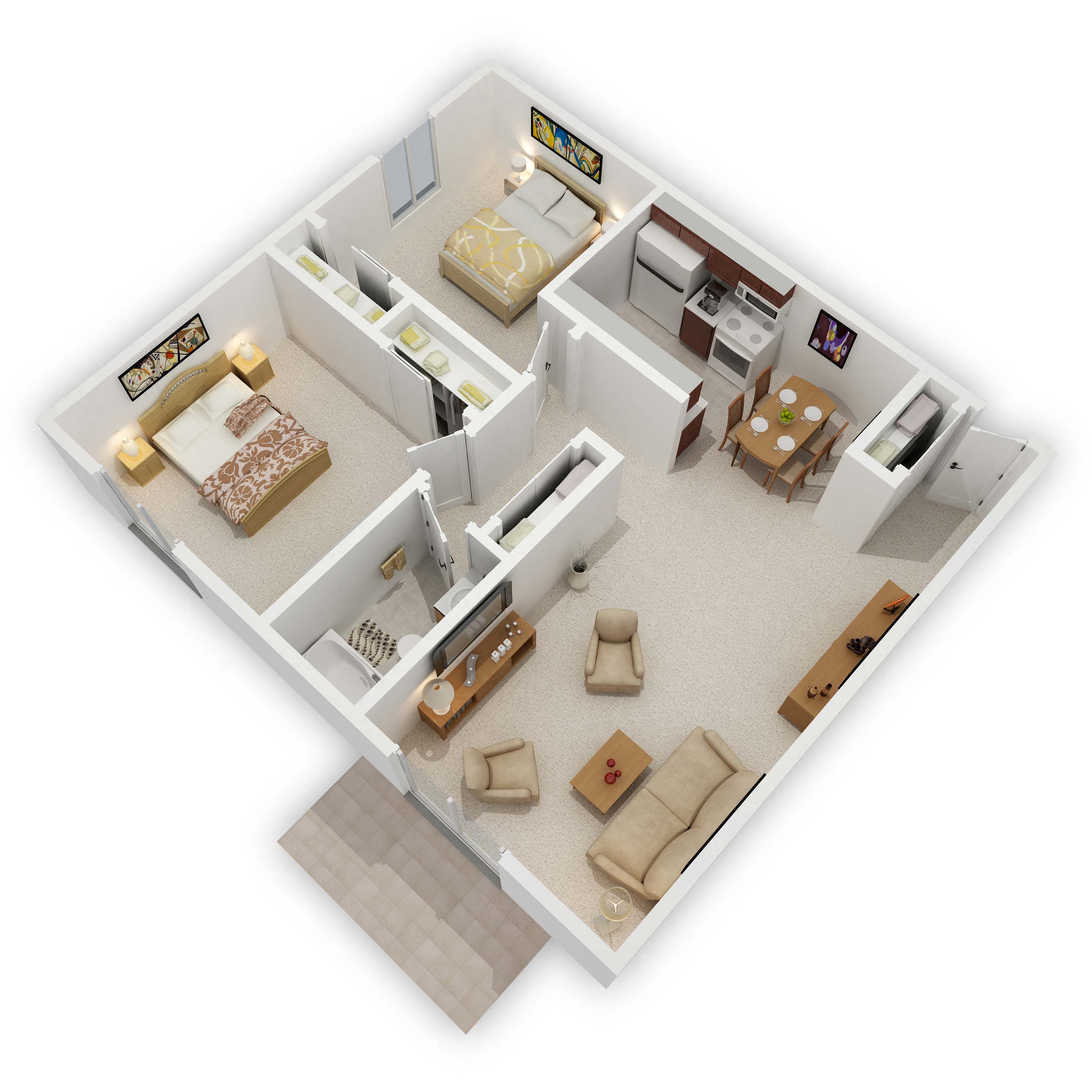 Floor plan for 2 beds, 1 bath, 915 sqft