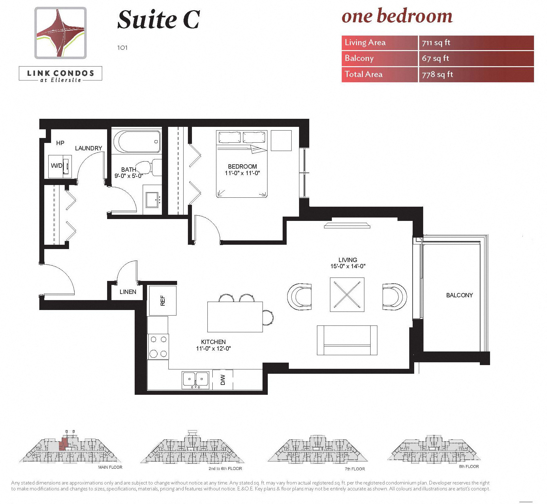 Floor plan for 1 bed, 1 bath, 711 sqft