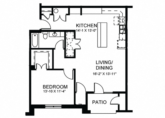 Floor plan for 1 bed, 1 bath, 950 sqft