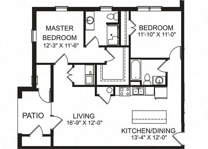 Floor plan for 2 beds, 2 baths, 1123 sqft