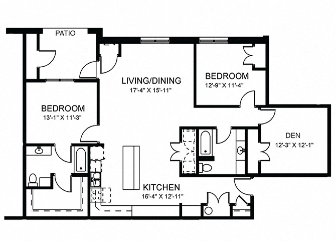 Floor plan for 2 beds, 2 baths, 1525 sqft