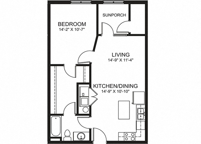 Floor plan for 1 bed, 1 bath, 696 sqft