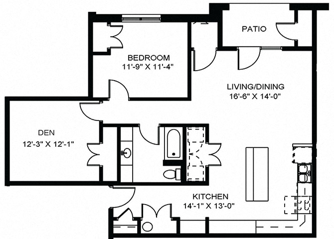 Floor plan for 1 bed, 1 bath, 1080 sqft