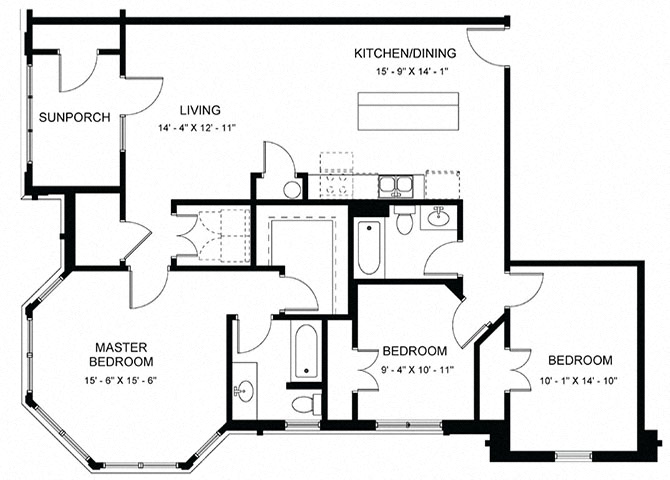 Floor plan for 3 beds, 2 baths, 1360 sqft