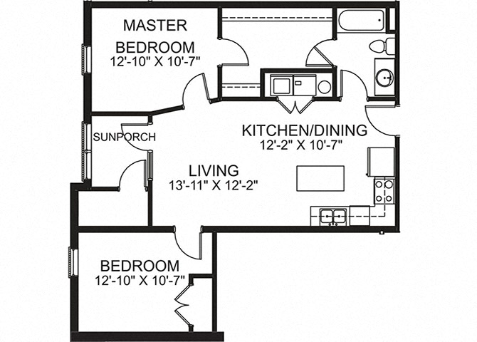 Floor plan for 2 beds, 1 bath, 723 sqft