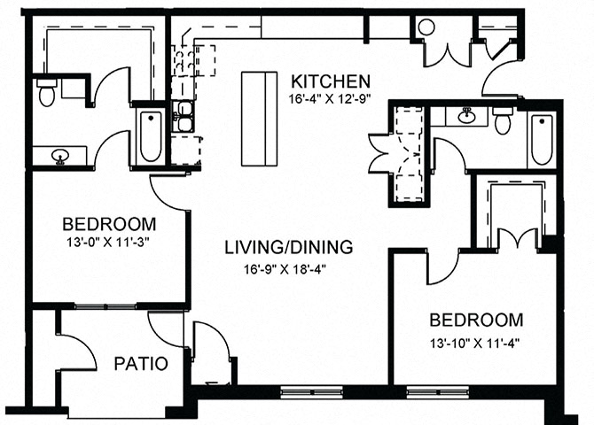 Floor plan for 2 beds, 2 baths, 1400 sqft