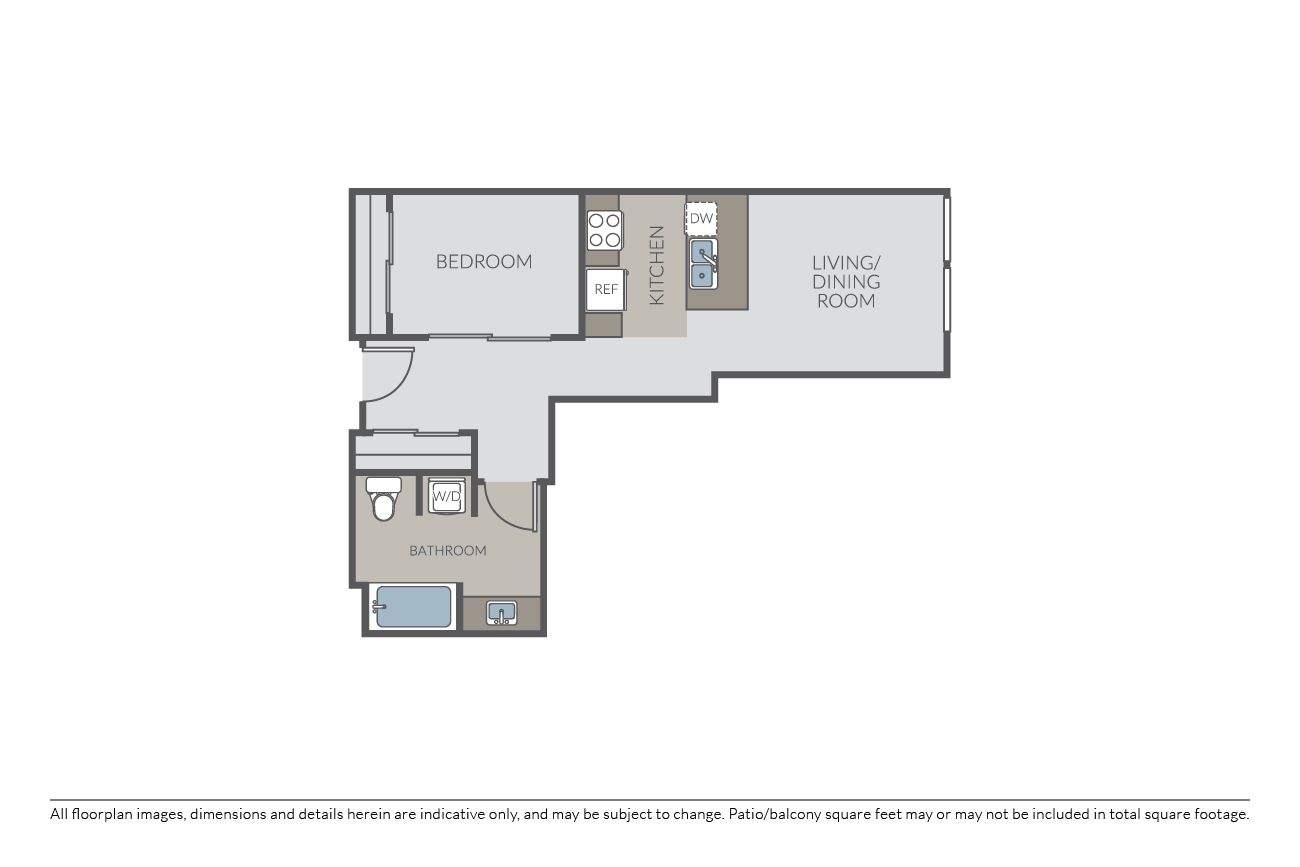 Floor plan for 1 bed, 1 bath, 613 sqft
