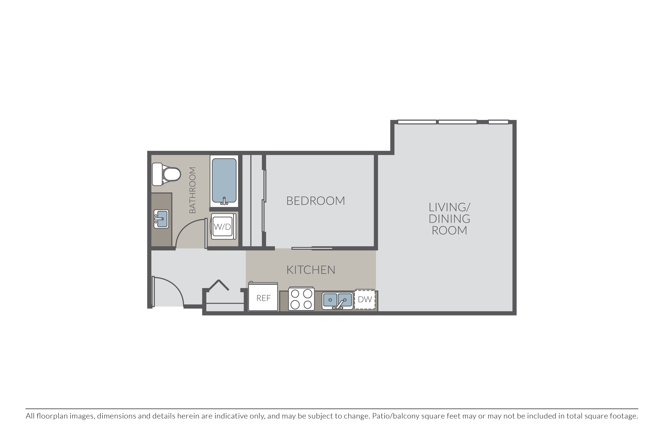 Floor plan for 1 bed, 1 bath, 576 sqft