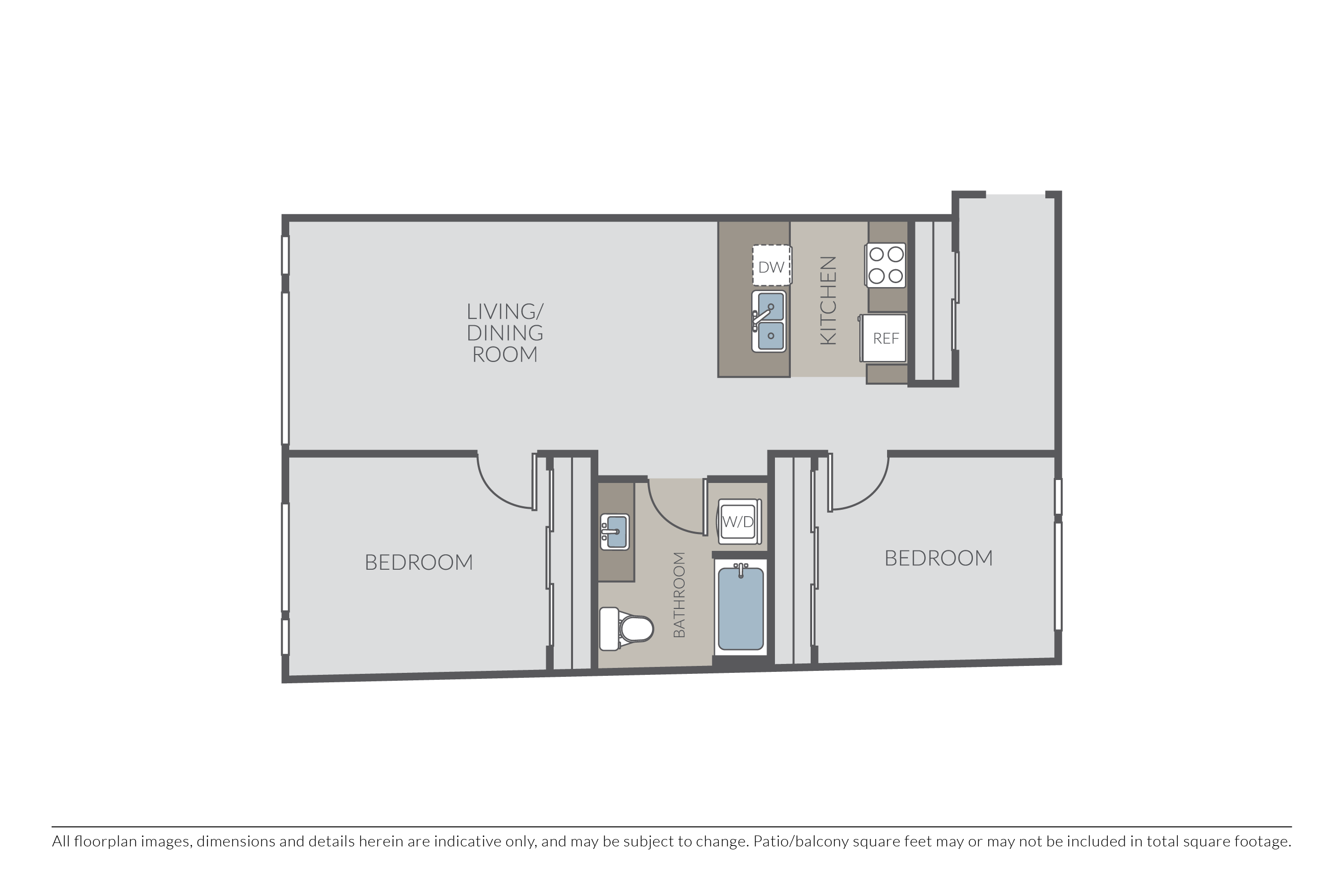 Floor plan for 2 beds, 1 bath, 973 sqft