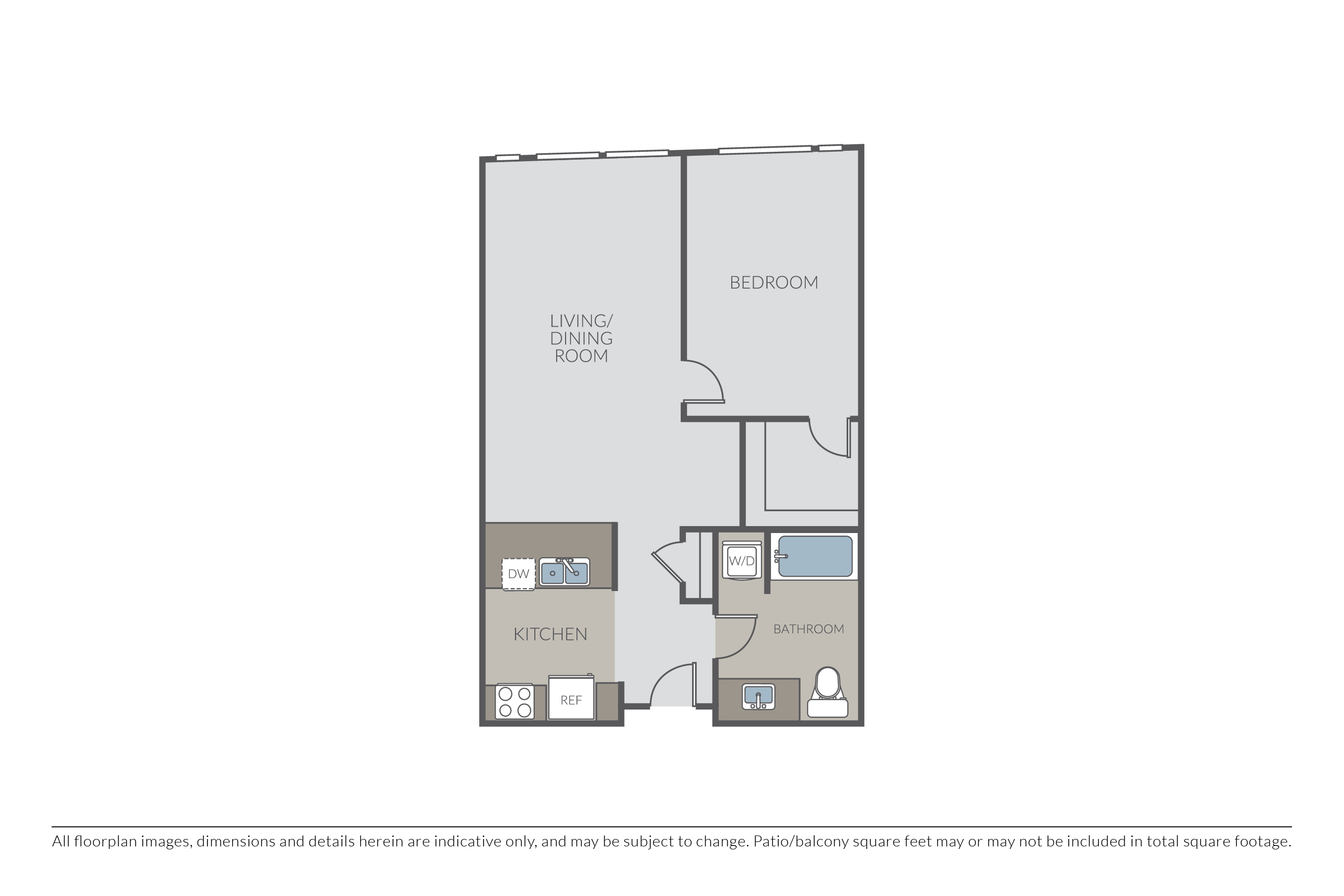 Floor plan for 1 bed, 1 bath, 605 sqft