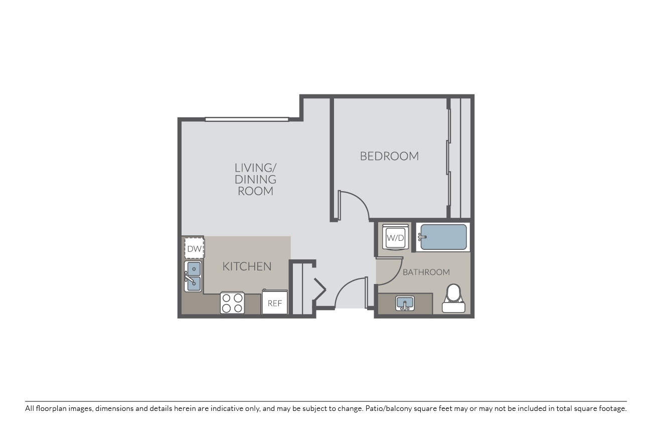 Floor plan for 1 bed, 1 bath, 565 sqft