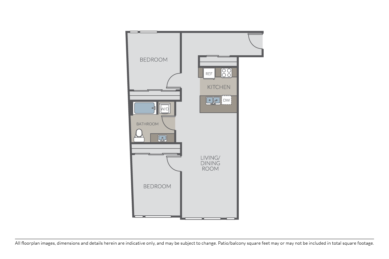 Floor plan for 2 beds, 1 bath, 870 sqft