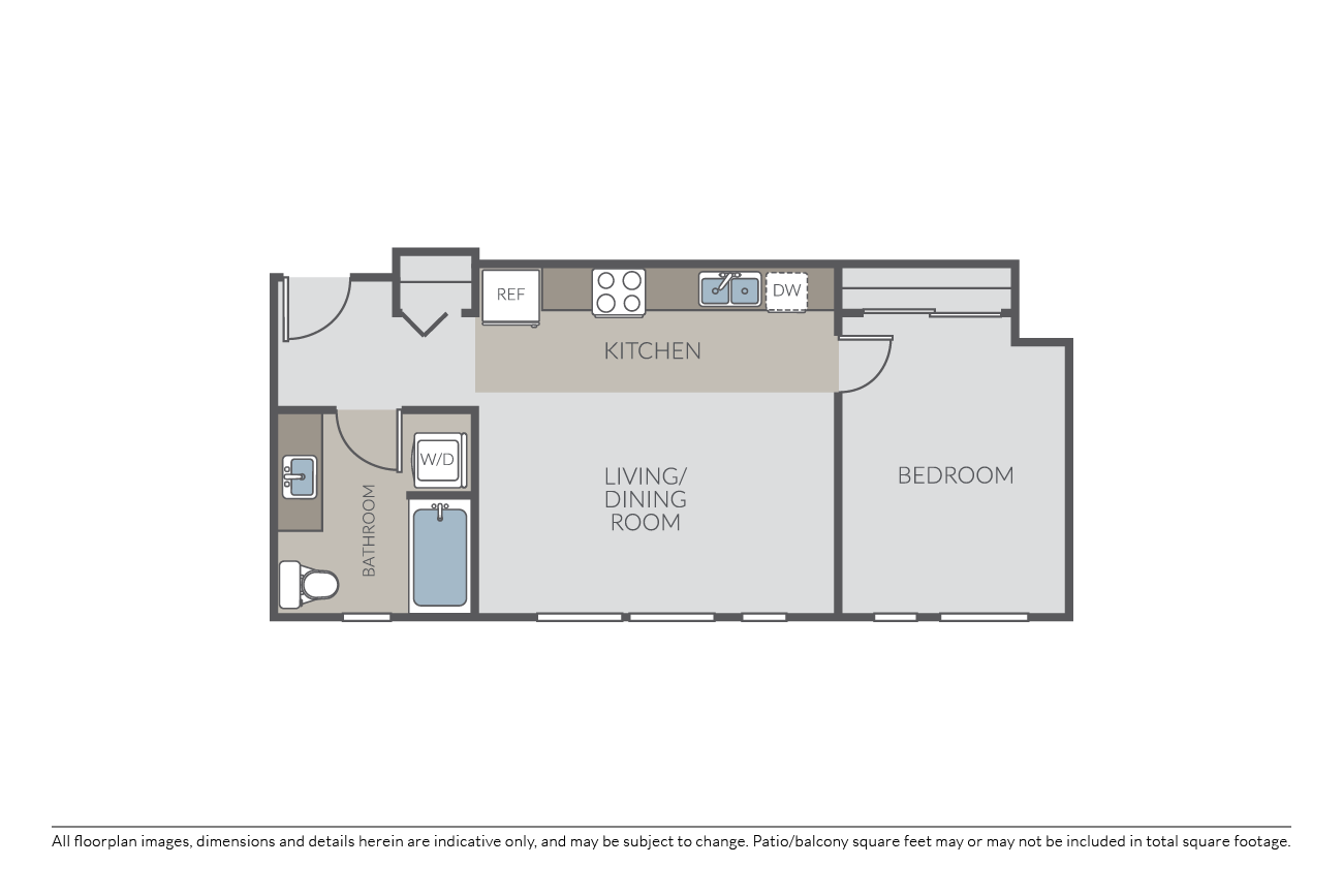 Floor plan for 1 bed, 1 bath, 702 sqft