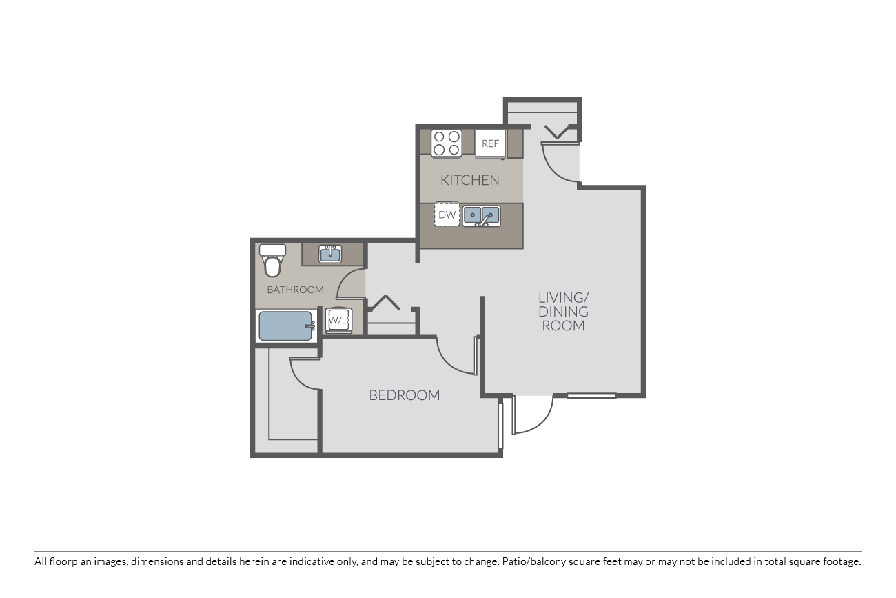 Floor plan for 1 bed, 1 bath, 716 sqft