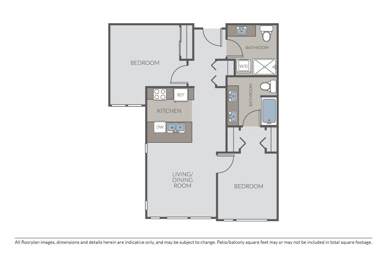 Floor plan for 2 beds, 2 baths, 938 sqft