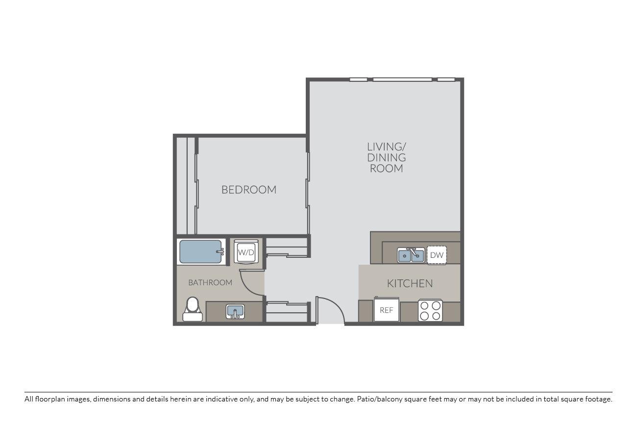Floor plan for 1 bed, 1 bath, 690 sqft