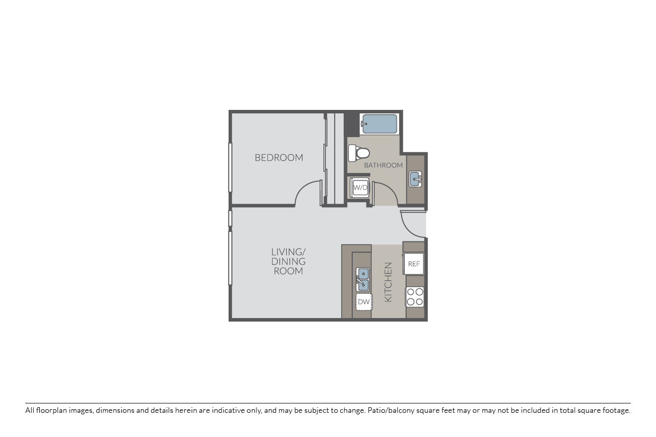 Floor plan for 1 bed, 1 bath, 538 sqft
