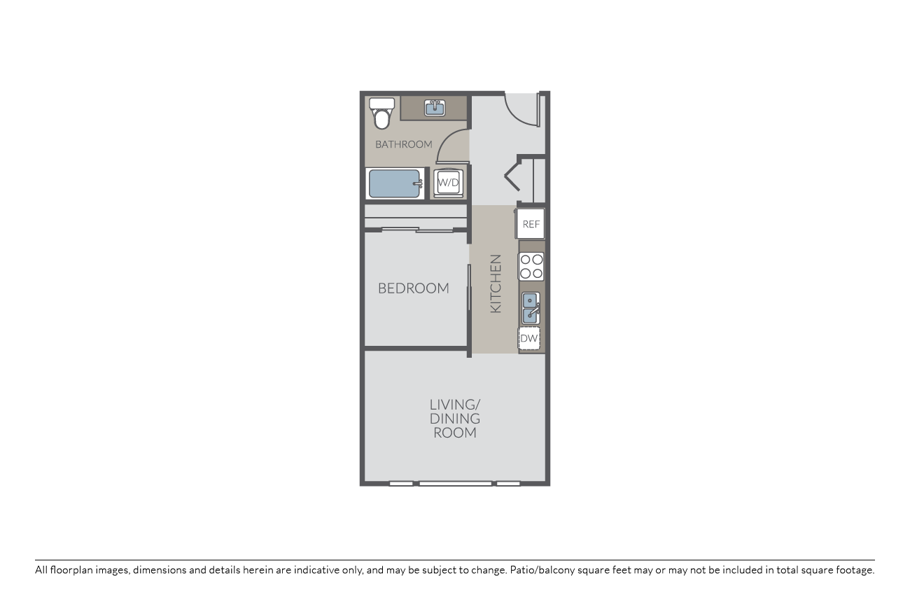 Floor plan for 1 bed, 1 bath, 556 sqft
