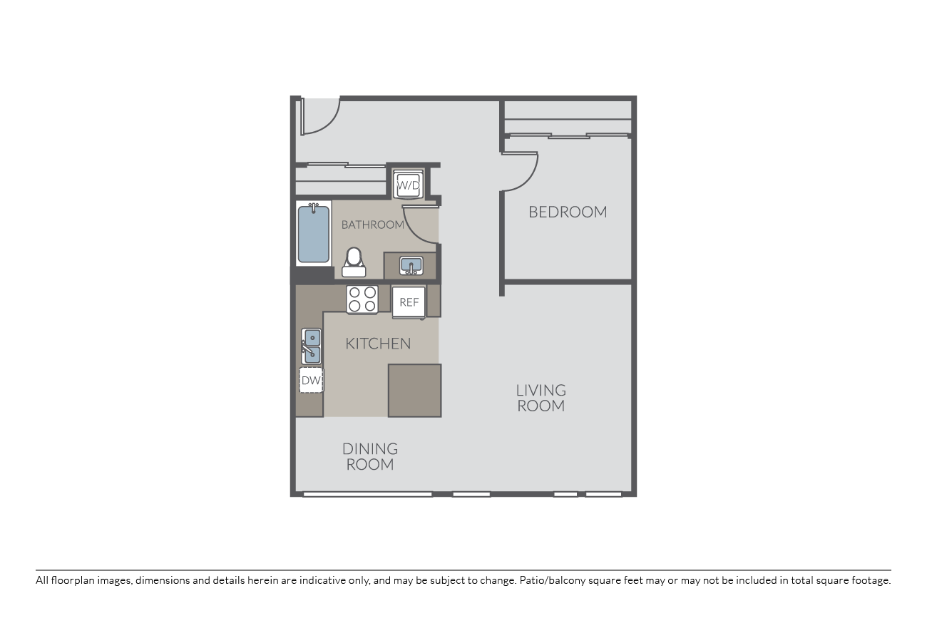Floor plan for 1 bed, 1 bath, 768 sqft