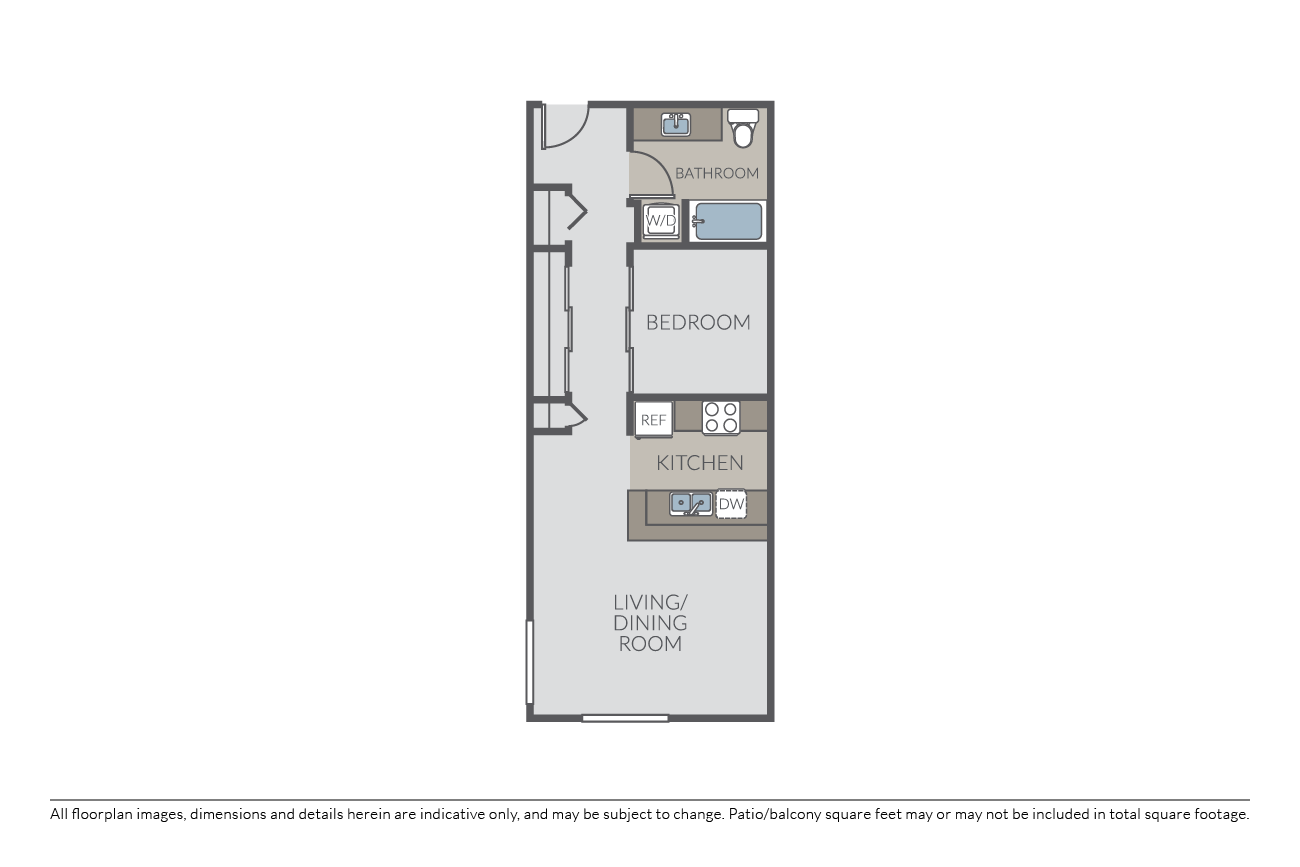 Floor plan for 1 bed, 1 bath, 709 sqft