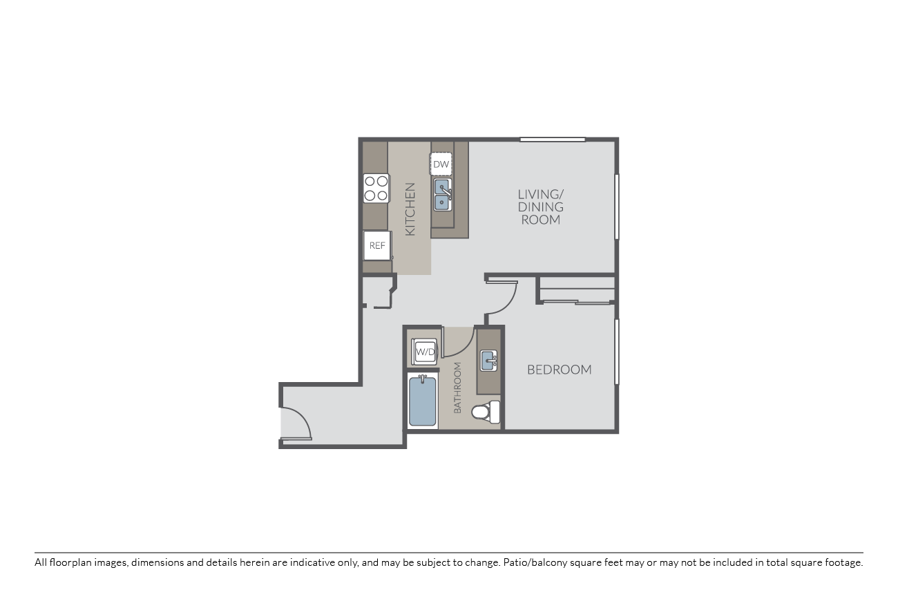 Floor plan for 1 bed, 1 bath, 649 sqft