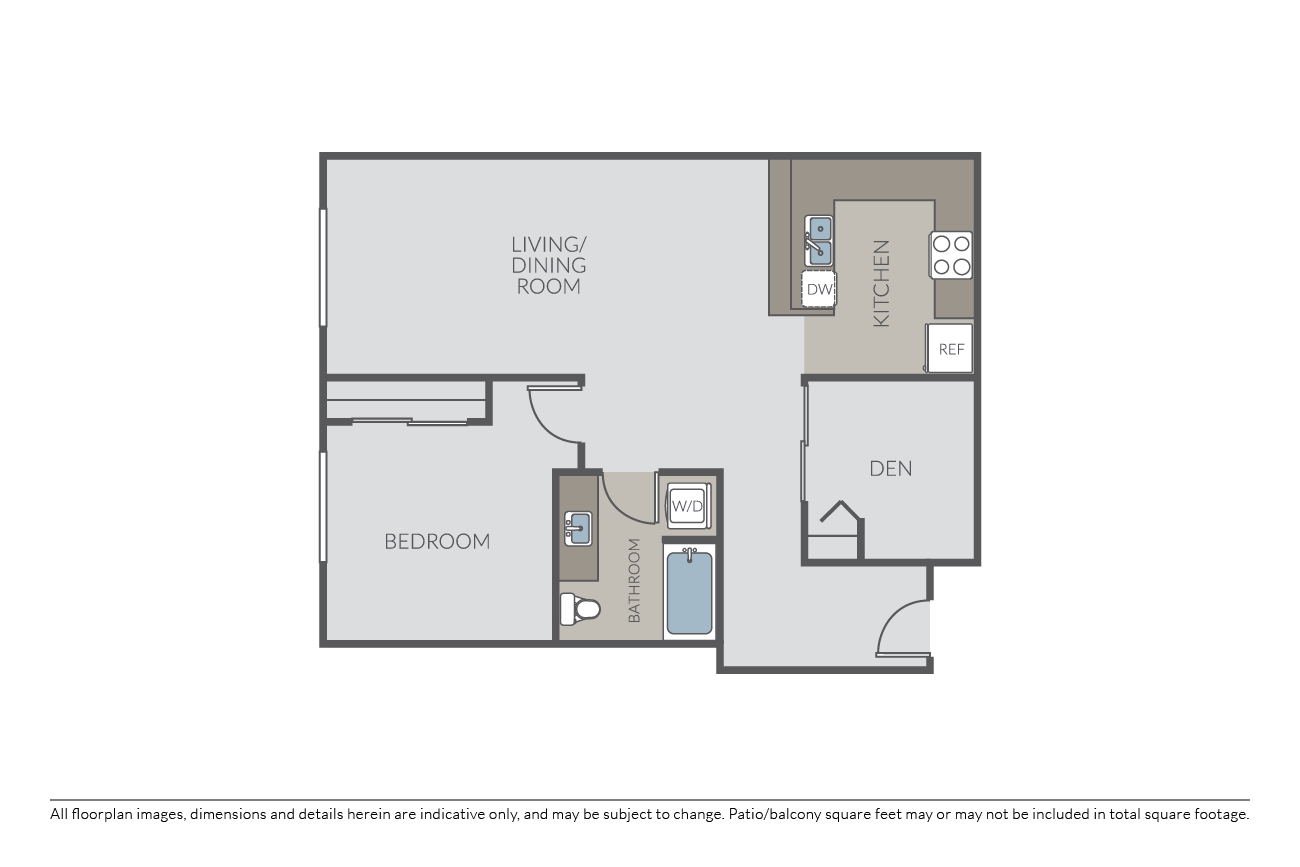 Floor plan for 1 bed, 1 bath, 855 sqft