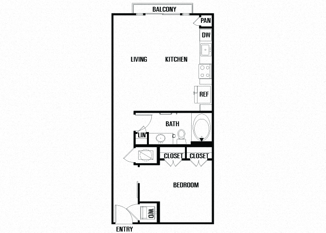 Floor plan for 1 bed, 1 bath, 649 sqft