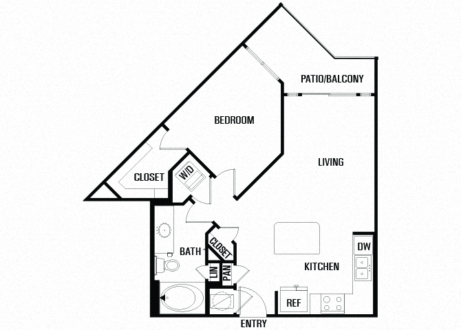 Floor plan for 1 bed, 1 bath, 664 sqft
