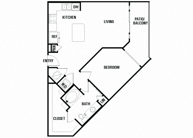 Floor plan for 1 bed, 1 bath, 761 sqft