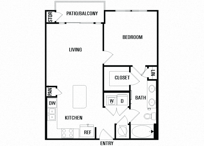 Floor plan for 1 bed, 1 bath, 678 sqft