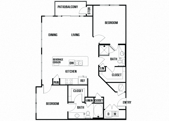 Floor plan for 2 beds, 2 baths, 1212 sqft