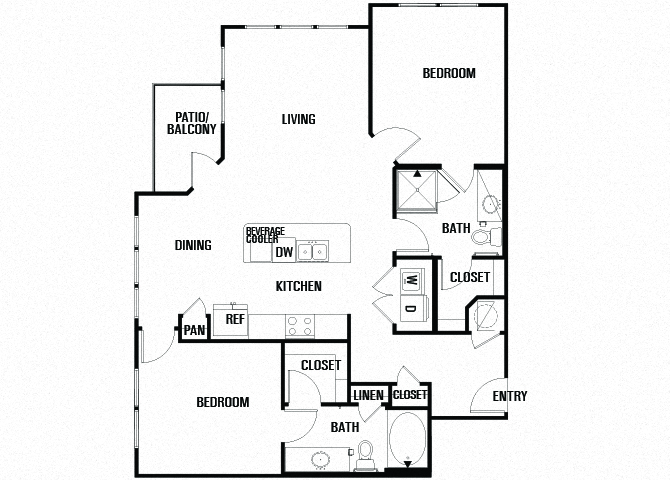 Floor plan for 2 beds, 2 baths, 1164 sqft